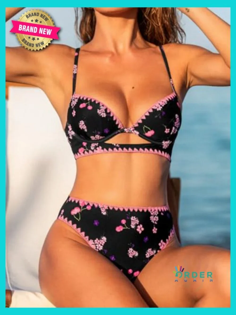 High Waisted Bikini Set Two Piece V Neck Cutout Back Lace Up Supportive